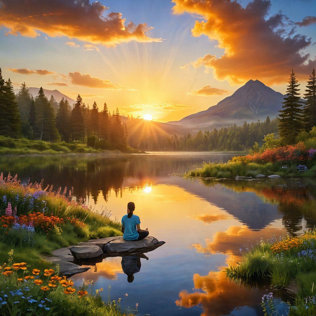 A serene landscape depicting a sunrise over a tranquil lake, where soft golden rays reflect on the water, symbolizing hope and elation. Include a person meditating on a lush green hill, surrounded by vibrant wildflowers, embodying contentment and inner peace. The sky should have a blend of warm oranges and calm blues, creating an uplifting atmosphere. super-realistic. vibrant colors.