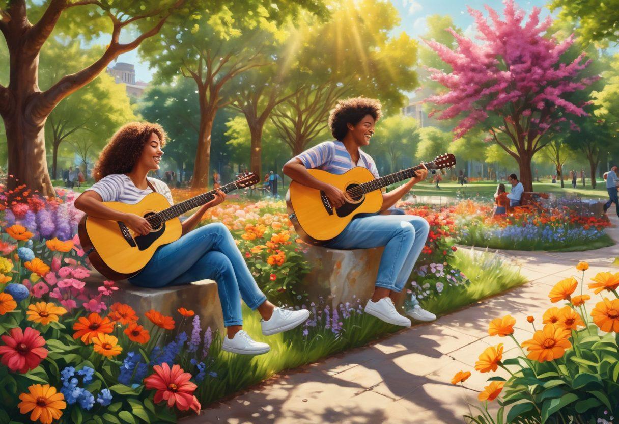 A sunlit scene featuring a diverse group of people engaging in joyful activities in a park, surrounded by colorful blooming flowers and greenery. One person is painting a cheerful mural, while another is playing an acoustic guitar, creating an atmosphere of warmth and positivity. Bright smiles and playful gestures convey a sense of cheer and optimism in everyday life. vibrant colors. super-realistic.