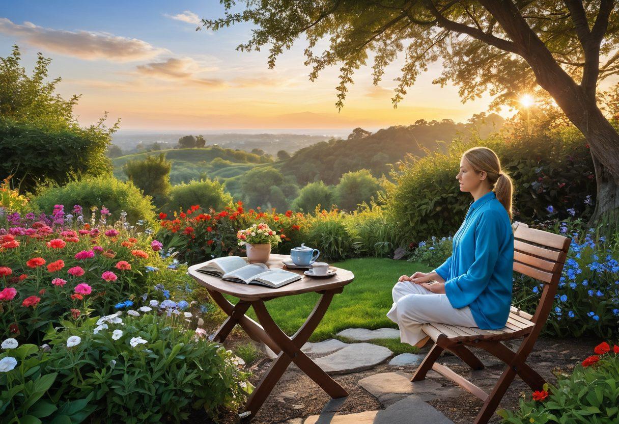 A serene garden filled with colorful flowers and a bright blue sky, showcasing a person practicing meditation amidst nature. Nearby, a small table features a cup of tea and an open book, symbolizing mindfulness and joy. A soft sunrise casts a warm glow over the scene, evoking feelings of peace and happiness. super-realistic. vibrant colors. peaceful atmosphere.